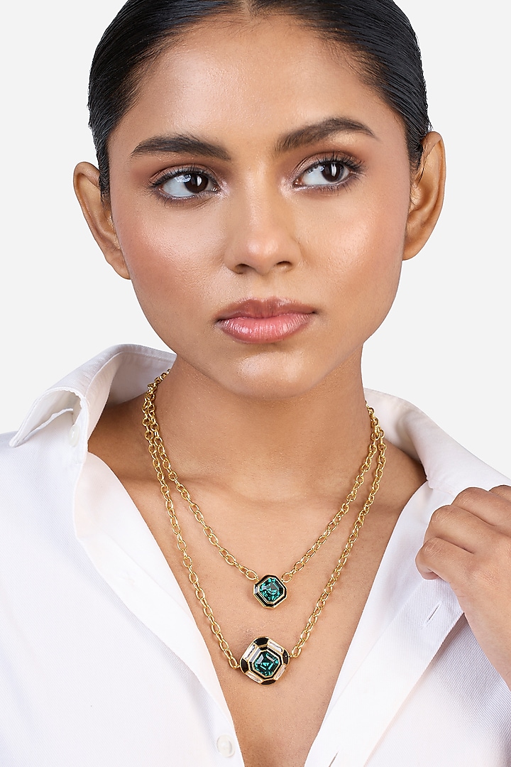 Gold Plated Green Synthetic Stone & Crystal Layered Necklace by Isharya
