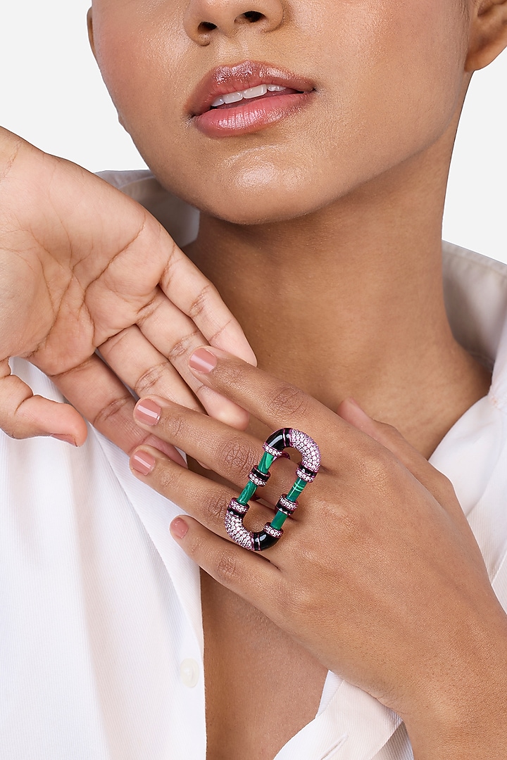 Hyper Pink Plated Multi-Colored Malachite & CZ Ring by Isharya