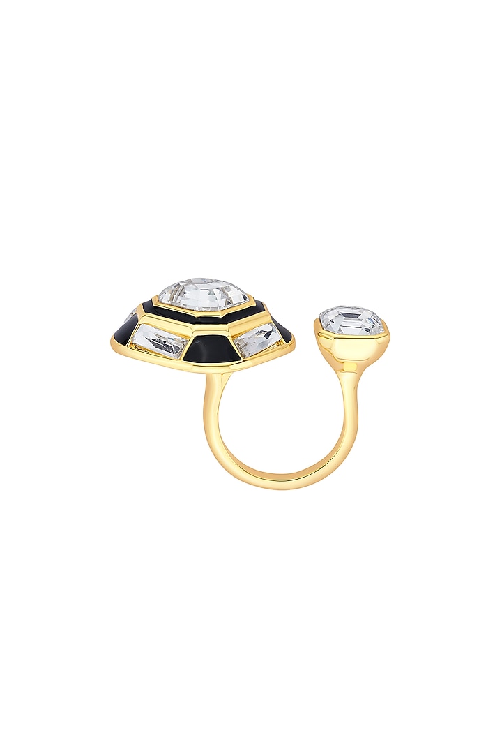 Black Rhodium Finish Black Synthetic Stone & Crystal Double Ring by Isharya at Pernia's Pop Up Shop