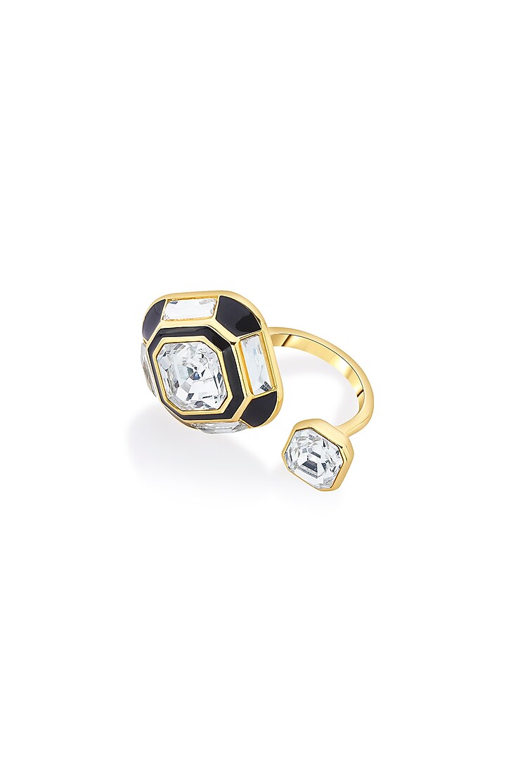 Black Rhodium Finish Black Synthetic Stone & Crystal Double Ring by Isharya at Pernia's Pop Up Shop