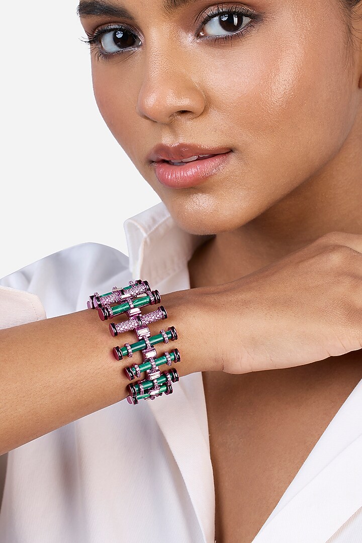 Hyper Pink Plated Malachite & Crystal Enameled Cuff by Isharya at Pernia's Pop Up Shop
