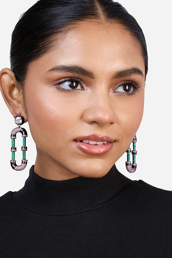 Hyper Pink Colored Plated Crystal Dangler Earrings by Isharya