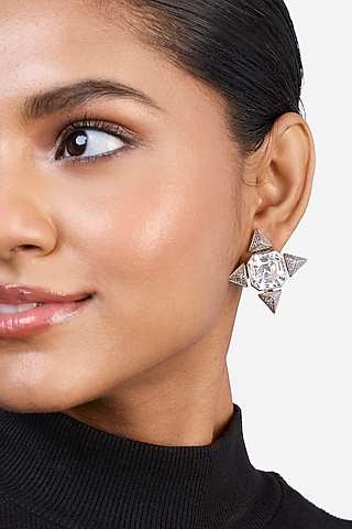 Black Rhodium Finish Crystal & White CZ Star Stud Earrings by Isharya