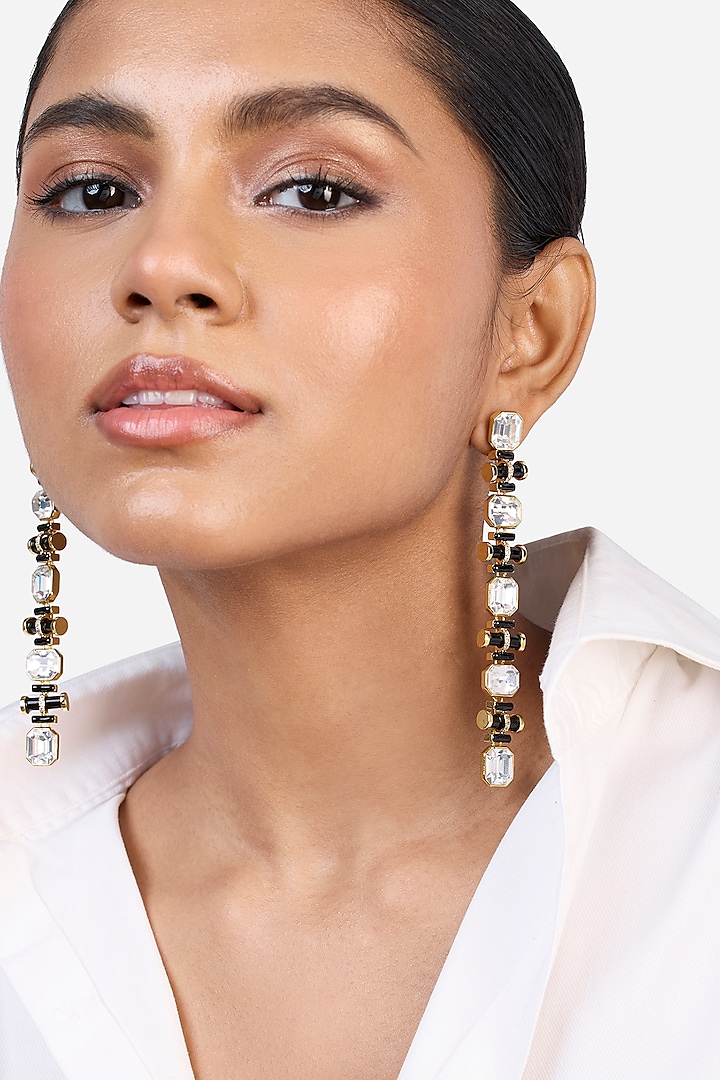 Gold Plated Black Synthetic Stone & Crystal Dangler Earrings by Isharya