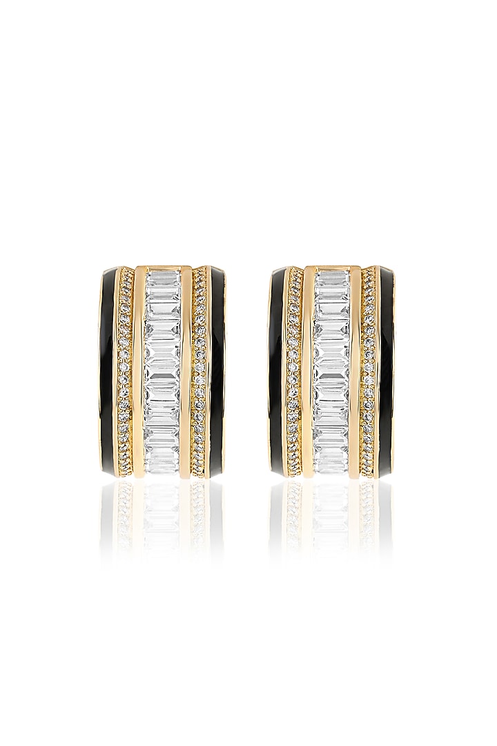 Gold Plated CZ Stone Black Enameled Hoop Earrings by Isharya at Pernia's Pop Up Shop