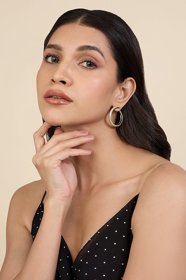 Gold Plated Black CZ Stone Enameled Hoop Earrings by Isharya at Pernia's Pop Up Shop