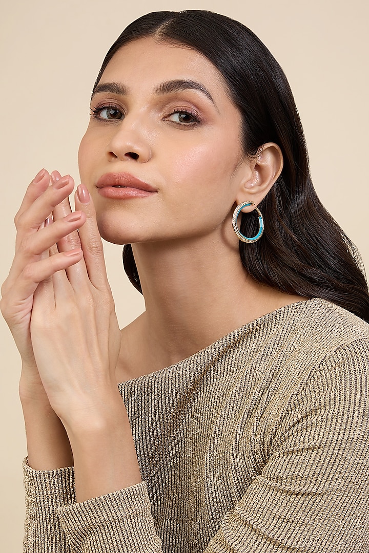 Gold Plated Turquoise Green CZ Stone Enameled Hoop Earrings by Isharya at Pernia's Pop Up Shop