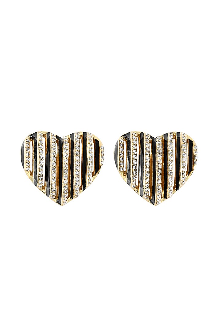 Gold Plated Black CZ Stone Enameled Heartbeat Stud Earrings by Isharya at Pernia's Pop Up Shop