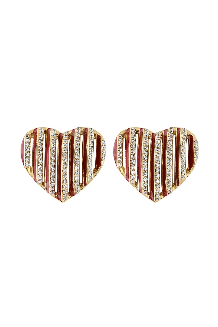 Gold Plated CZ Stone Red Enameled Heartbeat Stud Earrings by Isharya at Pernia's Pop Up Shop