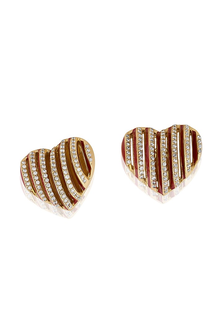 Gold Plated CZ Stone Red Enameled Heartbeat Stud Earrings by Isharya at Pernia's Pop Up Shop