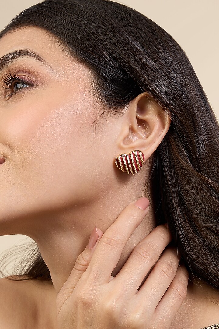 Gold Plated CZ Stone Red Enameled Heartbeat Stud Earrings by Isharya at Pernia's Pop Up Shop