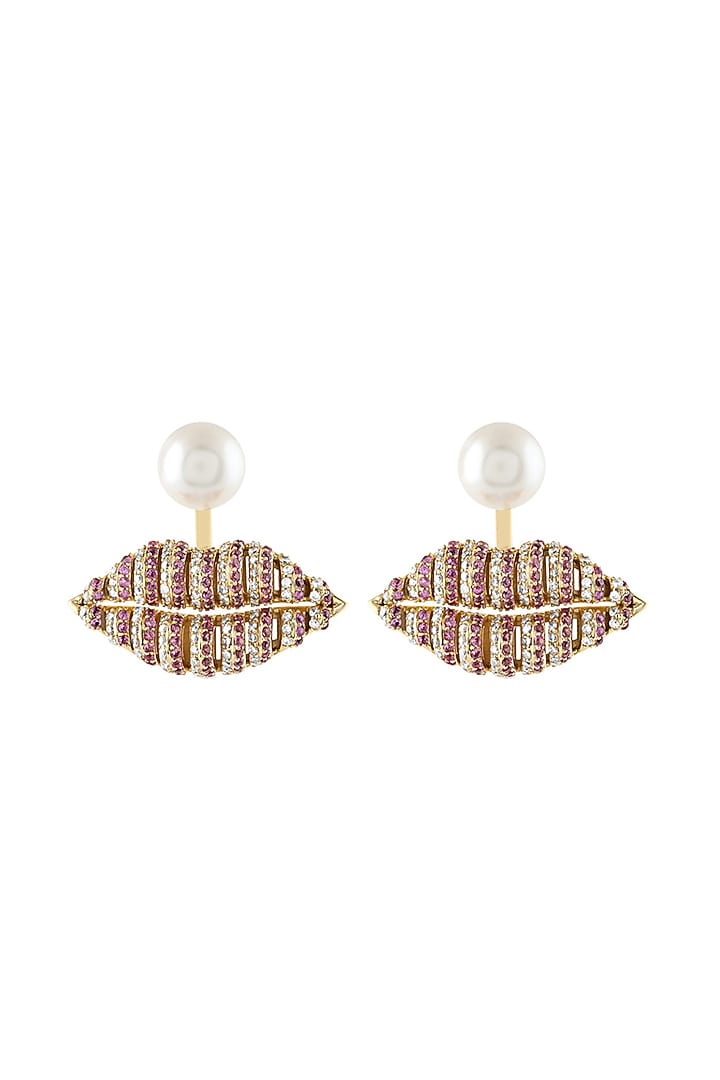 Gold Plated Red CZ Stone Enameled Lip Dangler Earrings by Isharya at Pernia's Pop Up Shop