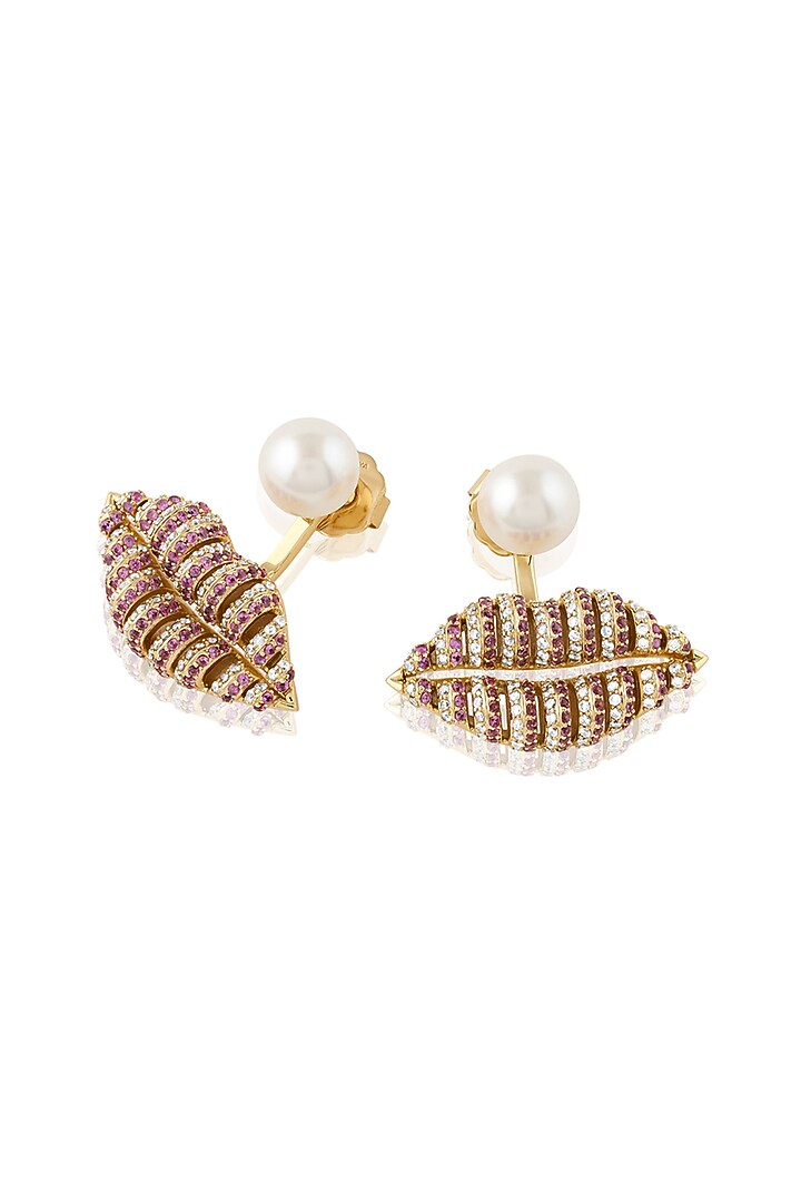 Gold Plated Red CZ Stone Enameled Lip Dangler Earrings by Isharya at Pernia's Pop Up Shop