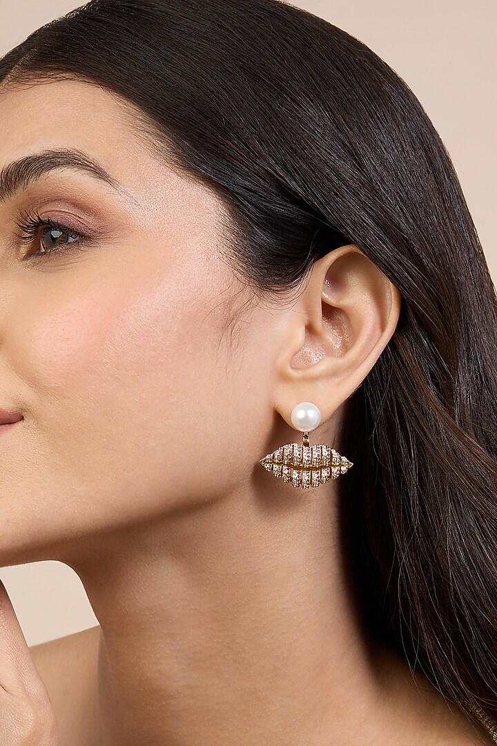 Gold Plated Red CZ Stone Enameled Lip Dangler Earrings by Isharya at Pernia's Pop Up Shop