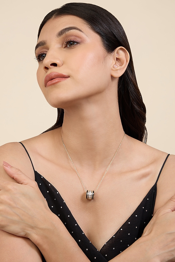 Gold Plated CZ Stone Black Enameled Disco Pendant Necklace by Isharya at Pernia's Pop Up Shop