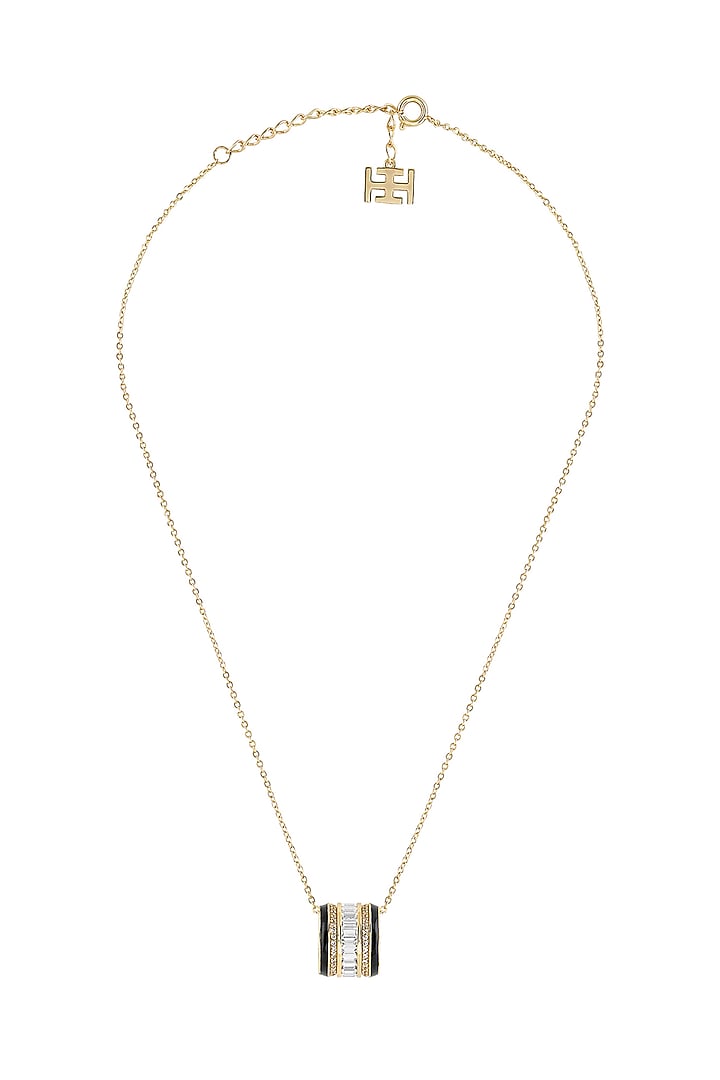 Gold Plated CZ Stone Black Enameled Disco Pendant Necklace by Isharya at Pernia's Pop Up Shop