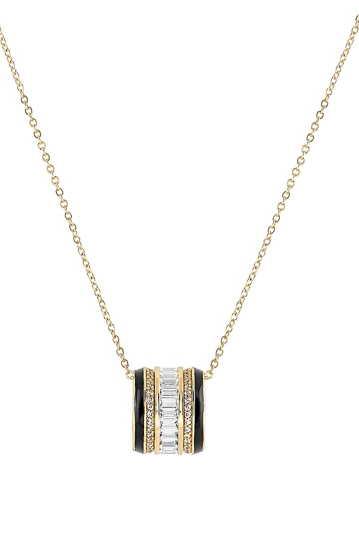 Gold Plated CZ Stone Black Enameled Disco Pendant Necklace by Isharya at Pernia's Pop Up Shop
