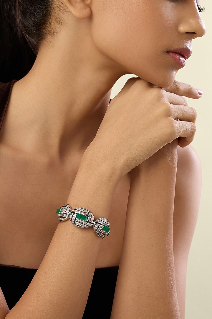 White Rhodium Finish Crystal Zirconia Cuff Bracelet by Isharya at Pernia's Pop Up Shop