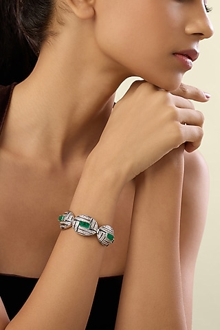 White Rhodium Finish Crystal Zirconia Cuff Bracelet by Isharya