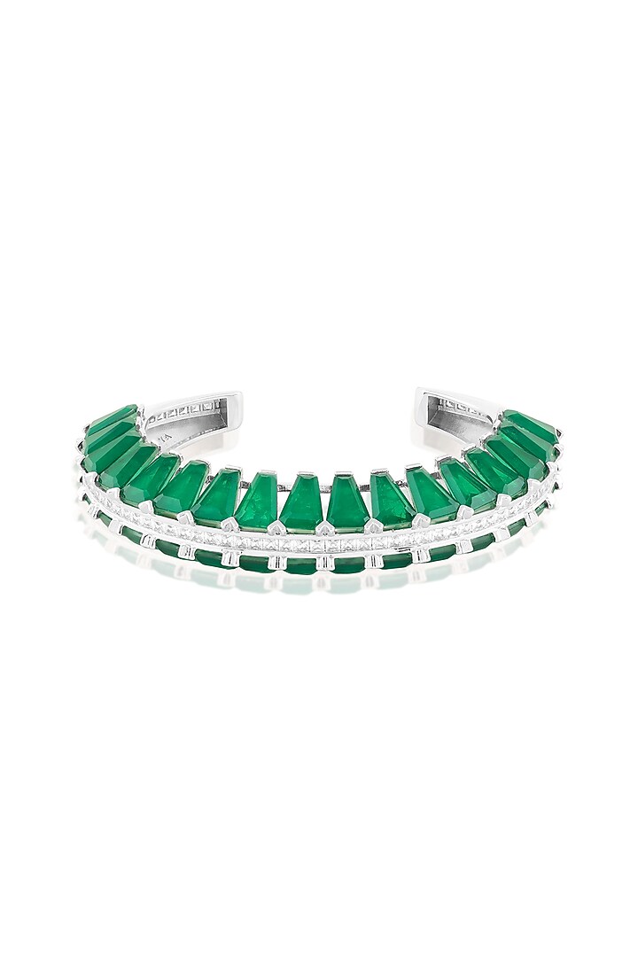 White Rhodium Finish Crystal Zirconia & Emerald Stone Cuff Bracelet by Isharya at Pernia's Pop Up Shop