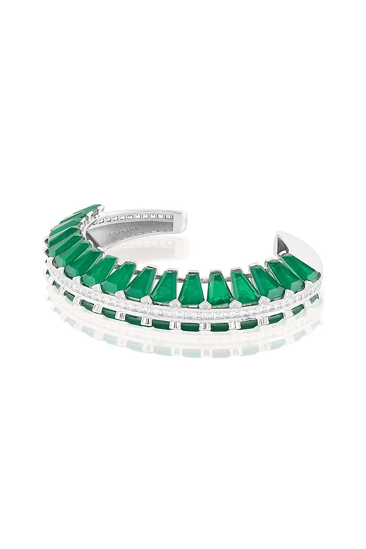 White Rhodium Finish Crystal Zirconia & Emerald Stone Cuff Bracelet by Isharya at Pernia's Pop Up Shop