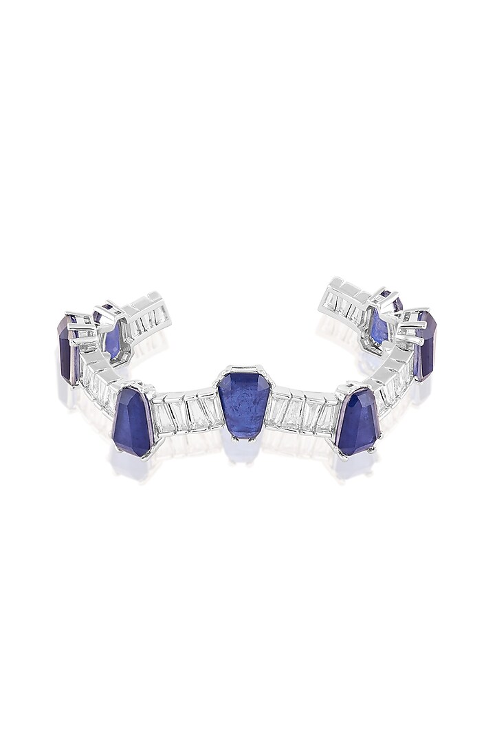 White Rhodium Finish Crystal Zirconia & Blue Stone Cuff Bracelet by Isharya at Pernia's Pop Up Shop