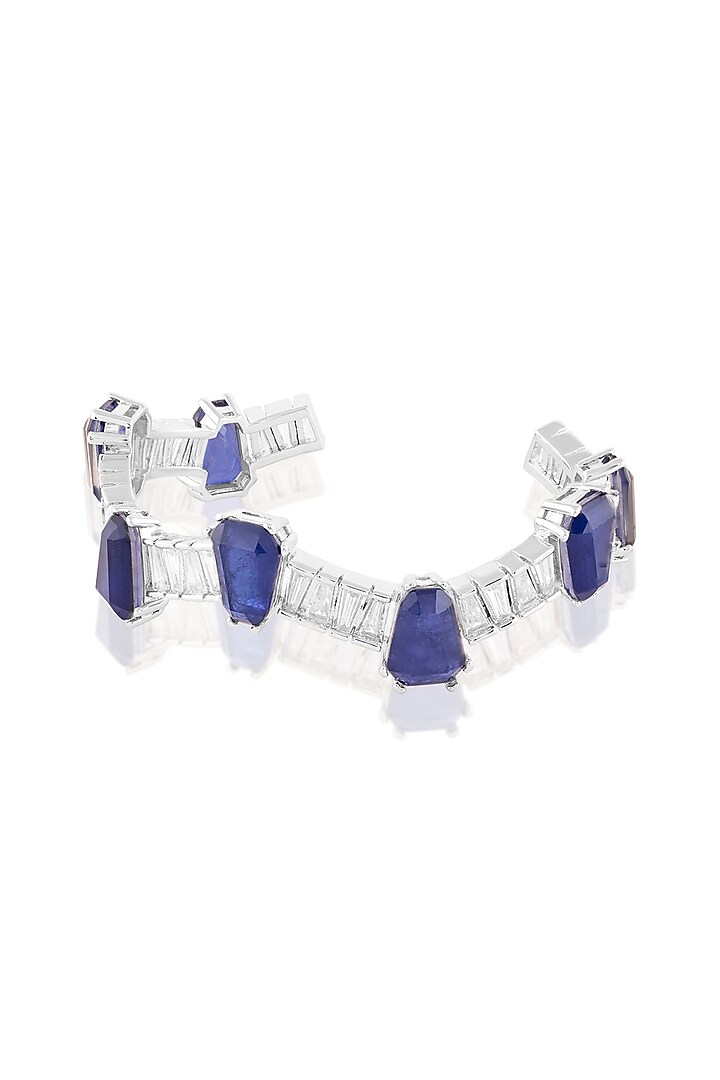 White Rhodium Finish Crystal Zirconia & Blue Stone Cuff Bracelet by Isharya at Pernia's Pop Up Shop