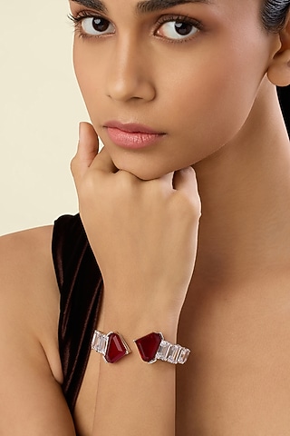 White Rhodium Finish Crystal Zirconia & Red Stone Cuff Bracelet by Isharya