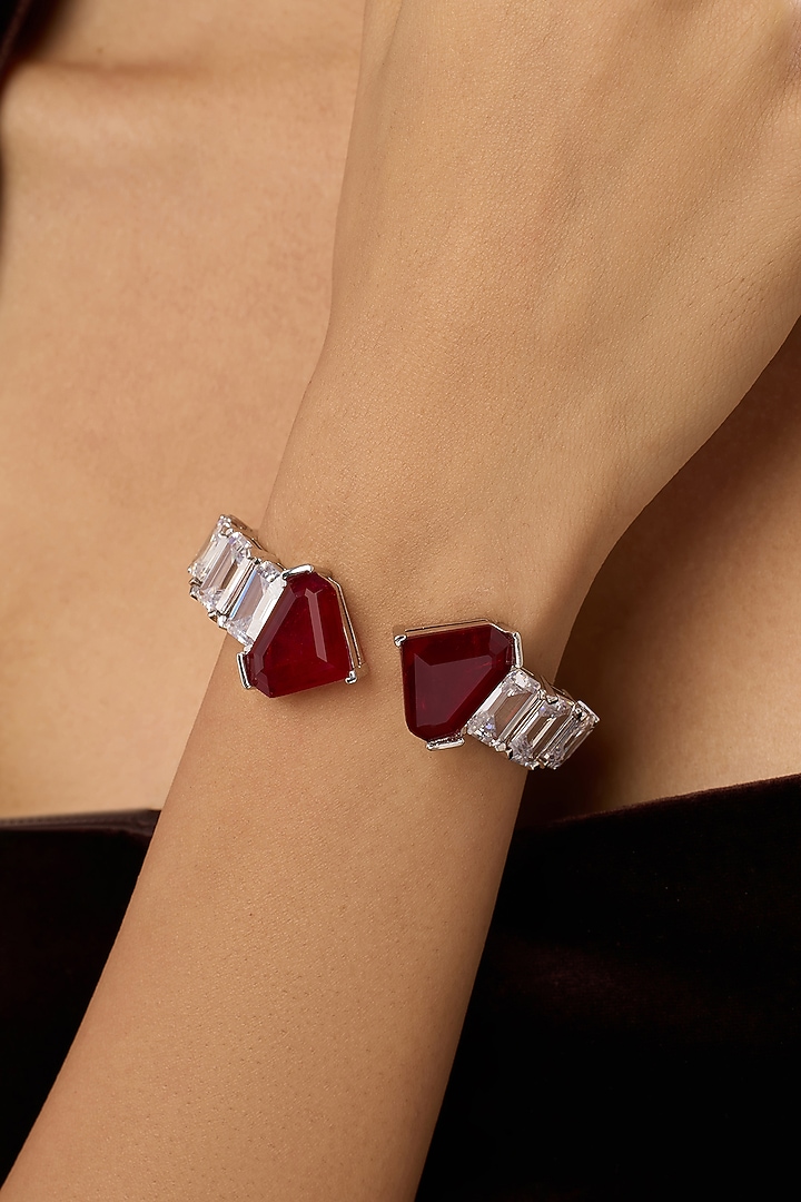 White Rhodium Finish Crystal Zirconia & Red Stone Cuff Bracelet by Isharya at Pernia's Pop Up Shop