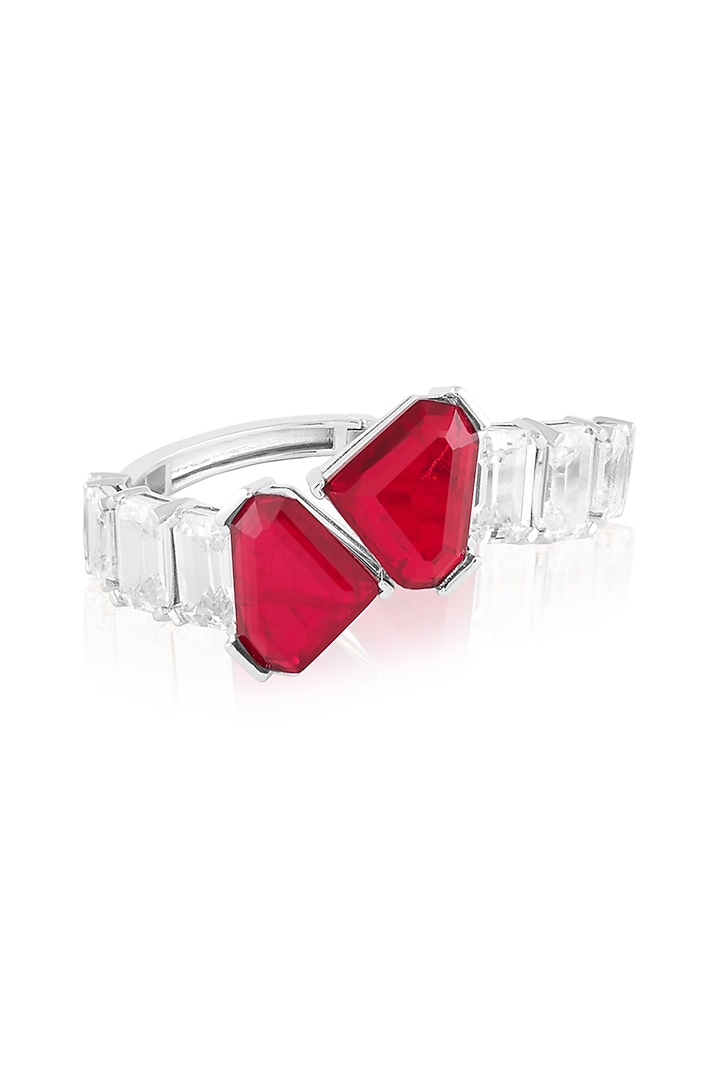 White Rhodium Finish Crystal Zirconia & Red Stone Cuff Bracelet by Isharya at Pernia's Pop Up Shop