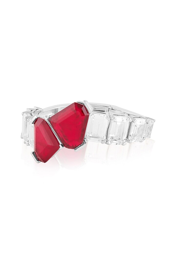White Rhodium Finish Crystal Zirconia & Red Stone Cuff Bracelet by Isharya at Pernia's Pop Up Shop