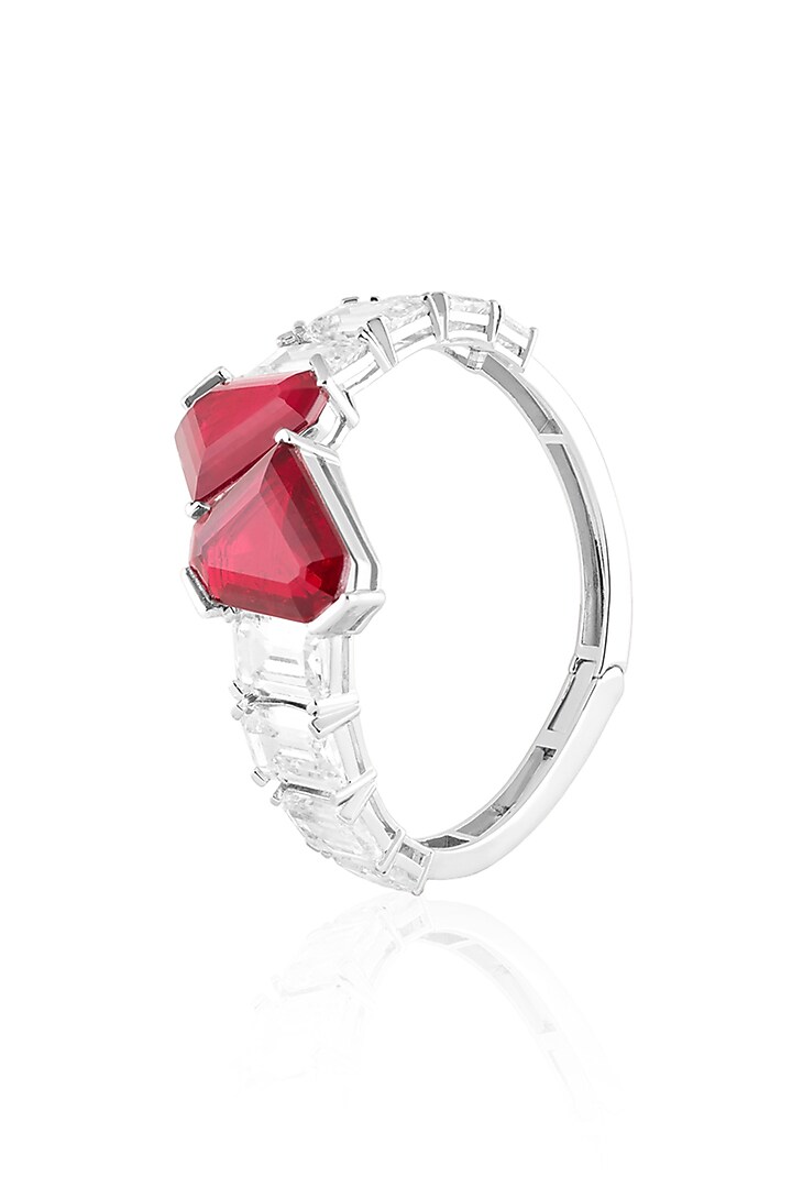 White Rhodium Finish Crystal Zirconia & Red Stone Cuff Bracelet by Isharya at Pernia's Pop Up Shop