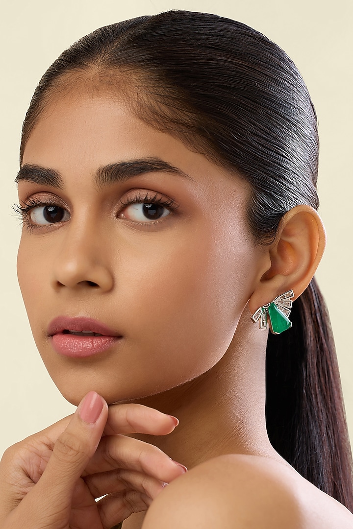 White Rhodium Finish Green Stone & Crystal Zirconia Stud Earrings by Isharya at Pernia's Pop Up Shop