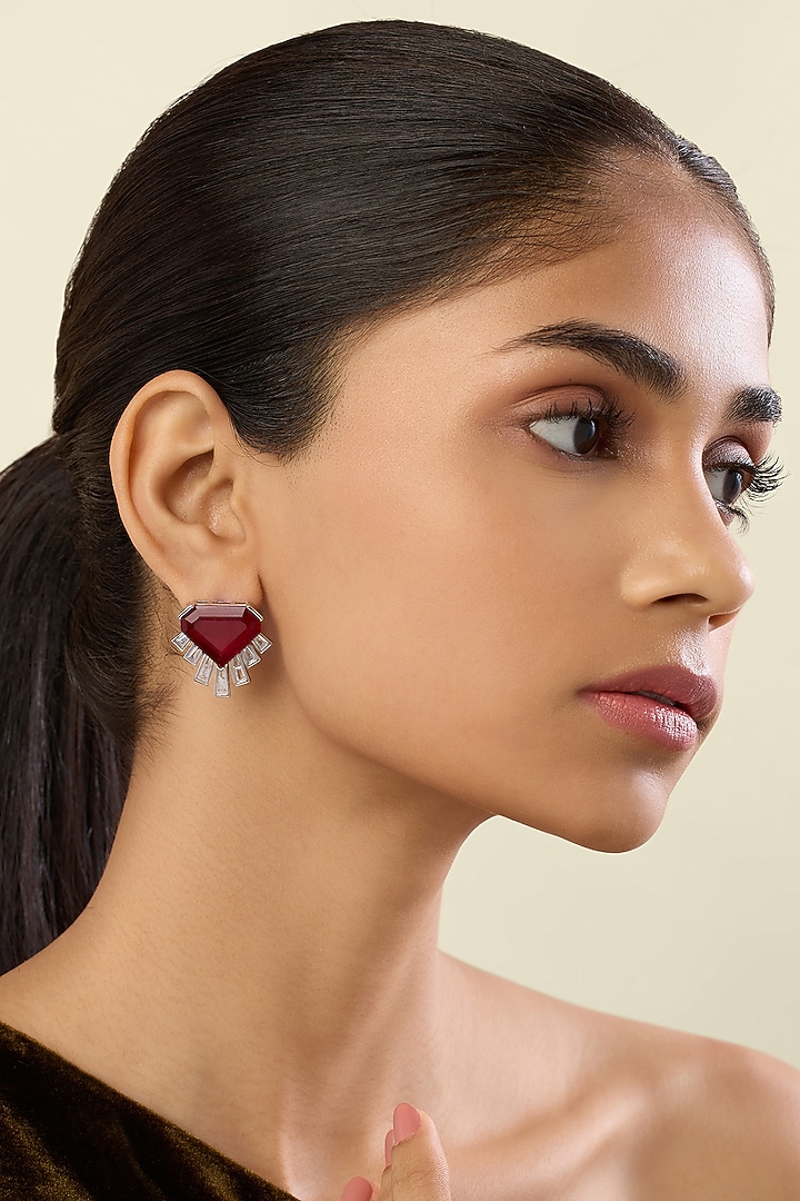 White Rhodium Finish Red Stone & Crystal Zirconia Stud Earrings by Isharya at Pernia's Pop Up Shop