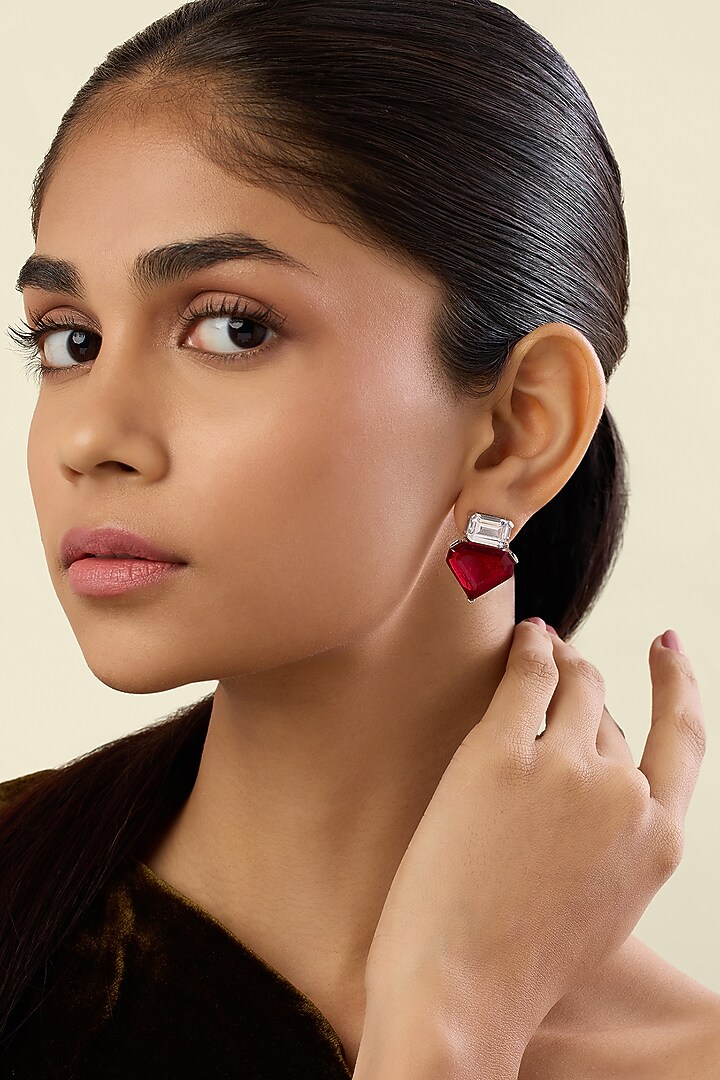 White Rhodium Finish Crystal Zirconia & Red Stone Dangler Earrings by Isharya at Pernia's Pop Up Shop