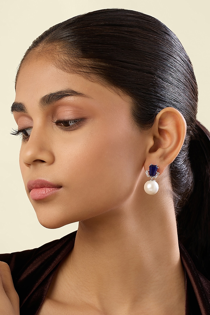 White Rhodium Finish Crystal Zirconia & Sapphire Stone Dangler Earrings by Isharya at Pernia's Pop Up Shop