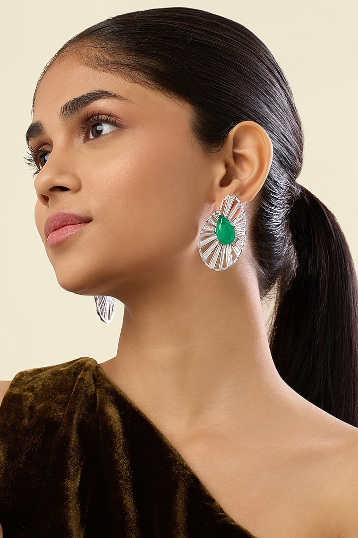 White Rhodium Finish Crystal Zirconia & Emerald Stone Dangler Earrings by Isharya at Pernia's Pop Up Shop