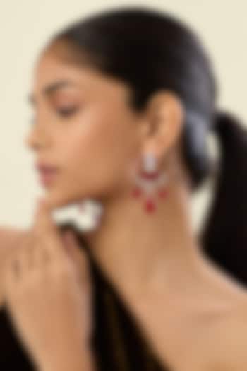 White Rhodium Finish Crystal Zirconia & Red Stone Dangler Earrings by Isharya at Pernia's Pop Up Shop