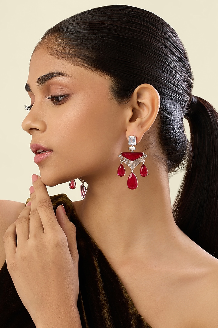 White Rhodium Finish Crystal Zirconia & Red Stone Dangler Earrings by Isharya at Pernia's Pop Up Shop