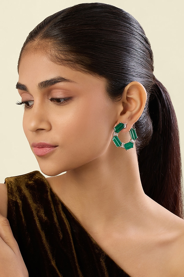 White Rhodium Finish Crystal Zirconia & Green Stone Hoop Earrings by Isharya at Pernia's Pop Up Shop