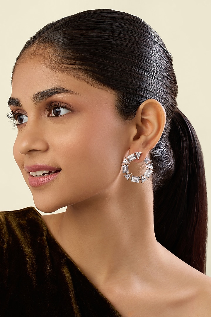 White Rhodium Finish Crystal Zirconia Hoop Earrings by Isharya at Pernia's Pop Up Shop