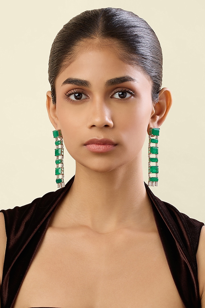 White Rhodium Finish Crystal Zirconia & Emerald Stone Dangler Earrings by Isharya at Pernia's Pop Up Shop