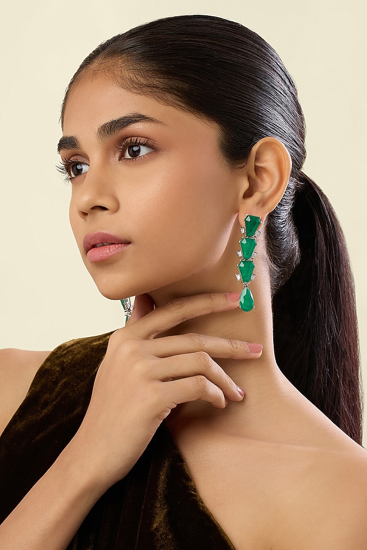 White Rhodium Finish Crystal Zirconia & Emerald Stone Dangler Earrings by Isharya at Pernia's Pop Up Shop