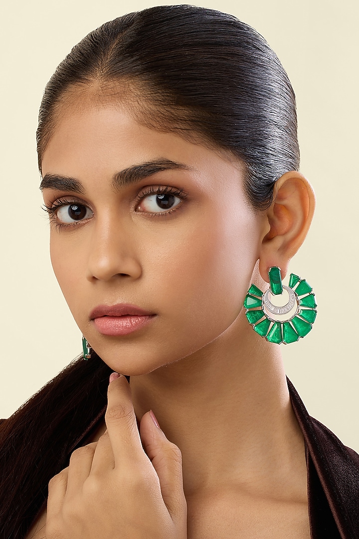 White Rhodium Finish Crystal Zirconia & Emerald Stone Dangler Earrings by Isharya at Pernia's Pop Up Shop