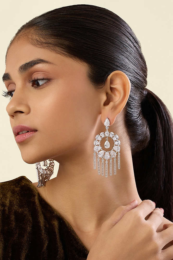 White Rhodium Finish Crystal Zirconia Dangler Earrings by Isharya at Pernia's Pop Up Shop