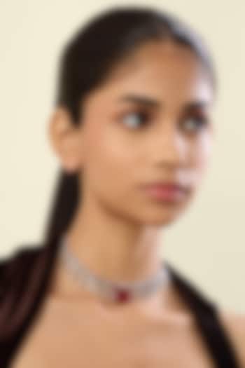 White Rhodium Finish Crystal Zirconia & Ruby Stone Choker Necklace by Isharya at Pernia's Pop Up Shop