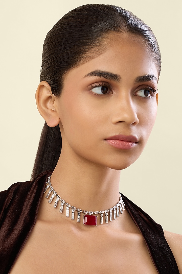 White Rhodium Finish Crystal Zirconia & Ruby Stone Choker Necklace by Isharya at Pernia's Pop Up Shop