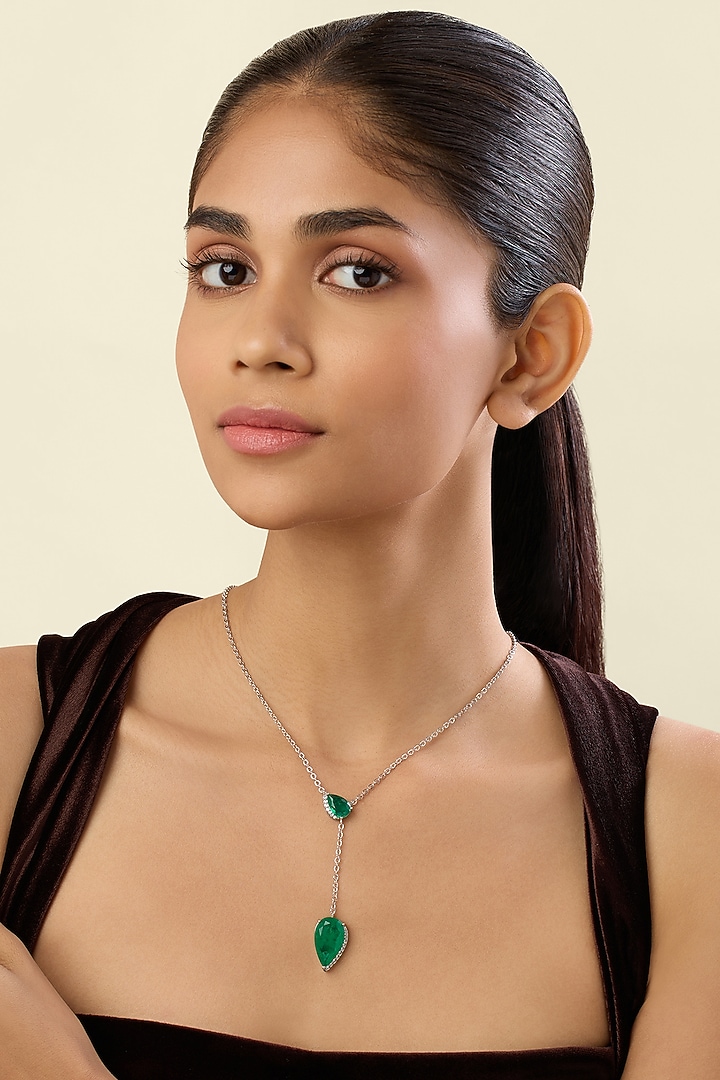 White Rhodium Finish Crystal Zirconia & Emerald Stone Necklace by Isharya at Pernia's Pop Up Shop