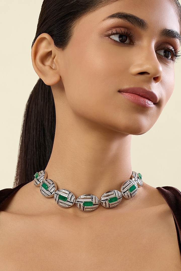 White Rhodium Finish Crystal Zirconia & Emerald Stone Choker Necklace by Isharya at Pernia's Pop Up Shop