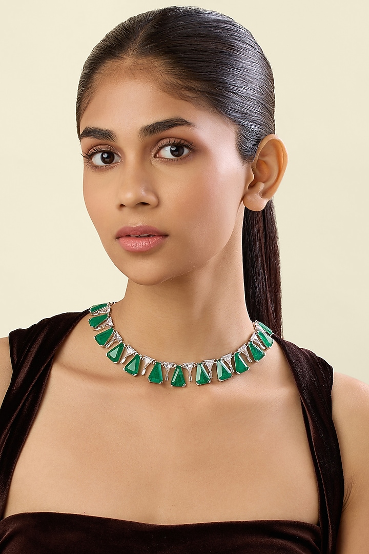 White Rhodium Finish Crystal Zirconia & Emerald Stone Necklace by Isharya at Pernia's Pop Up Shop